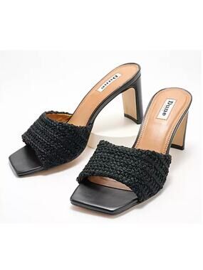 Dune London Woven Heeled Mules Black Textile Upper Sz 11 US 42 EU NIB Square Toe